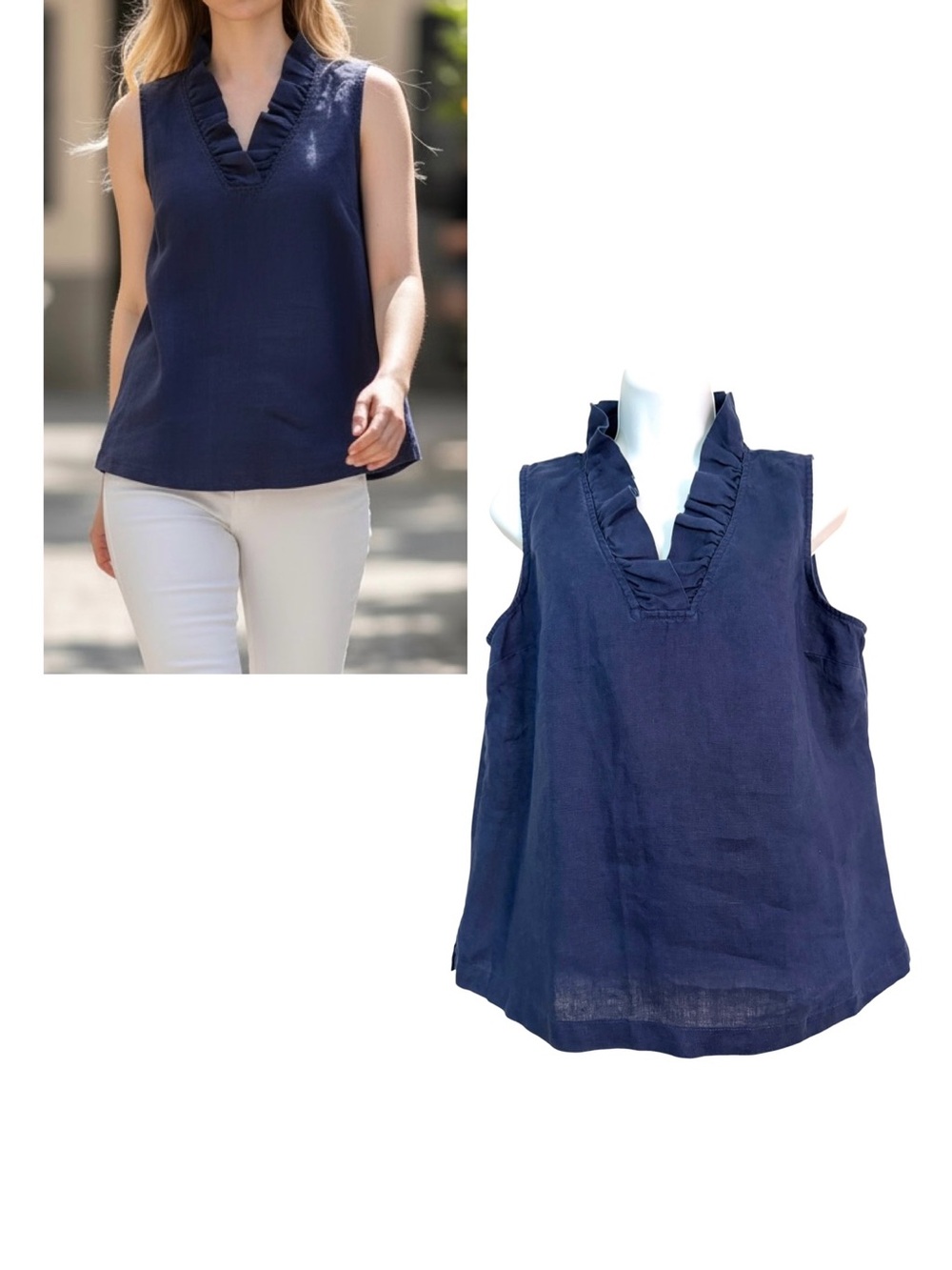 Crown & Ivy Navy Linen Sleeveless Top Size PL Ruffle V-Neck Lightweight Summer